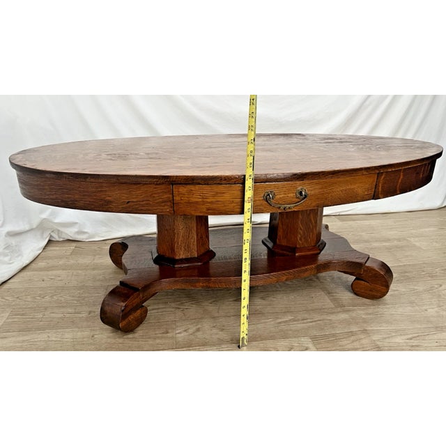 Brown Antique Oval Coffee Table Tiger Oak Center Drawer Shelf Columns Empire Style For Sale - Image 8 of 11
