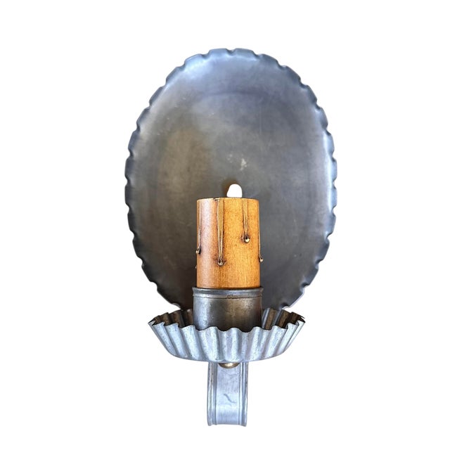 Tin With Pewter Wash Sconces With Great Scalloped Edges, Circa 1930, Set 3 For Sale - Image 4 of 6