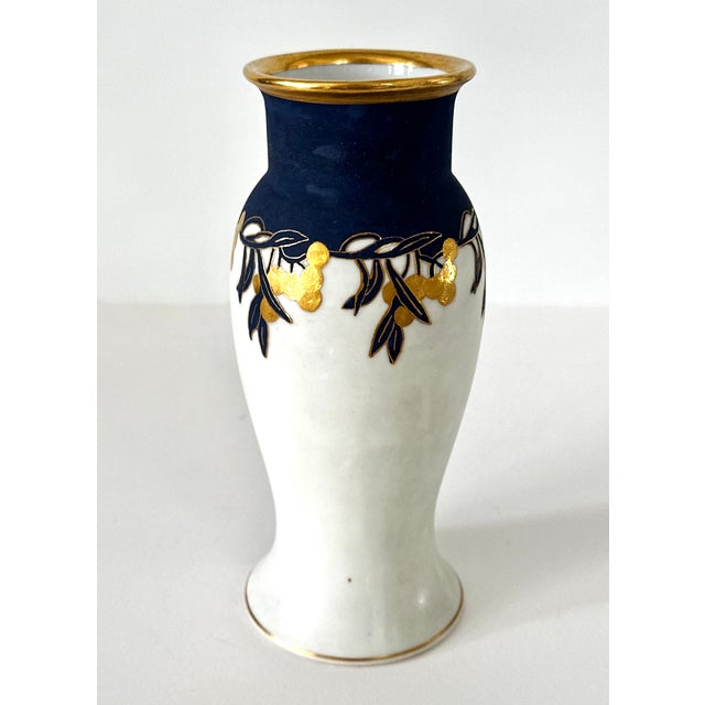 Art Nouveau Early 20th Century Blue White and Gold Gilt German Porcelain Art Nouveau Vase Signed Ruth De Courcy For Sale - Image 3 of 12