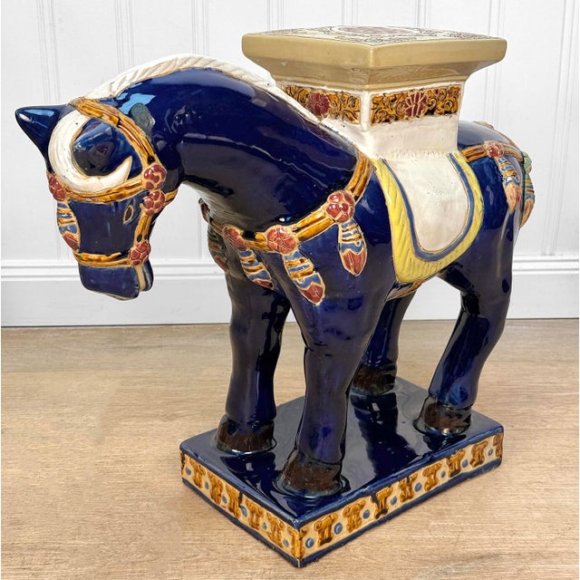 Vintage Chinese Chinoiserie 24" Blue Tang Horse Plant Stand For Sale - Image 4 of 10