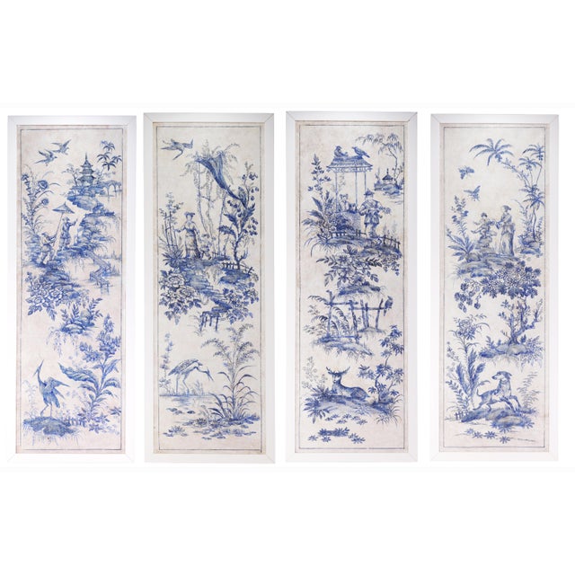 A Set of Vintage-Style Blue-and-White French Chinoiserie Four-Panel Hanging scrolls.Framed. For Sale - Image 15 of 16