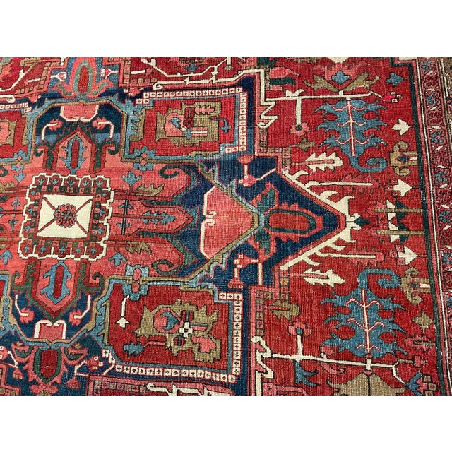 Textile Antique Red & Blue Heriz Rug Rare Square Size For Sale - Image 7 of 8