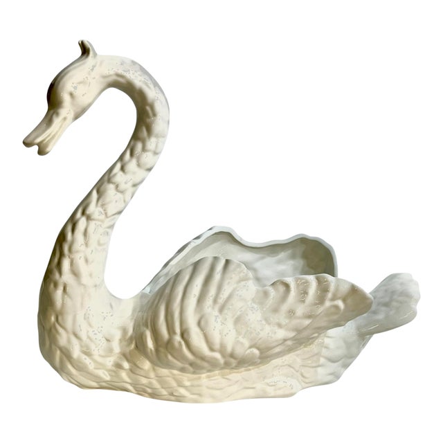 Elegant Mid 20th Century Ceramic Swan Decorative Bowl | Hollywood Regency Coastal Accent 20” Wide For Sale