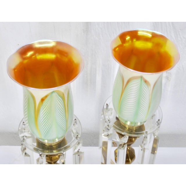 Steuben Glass Steuben Pulled Feather Shades on Antique Brass Lamp With Prisms - a Pair For Sale - Image 4 of 9