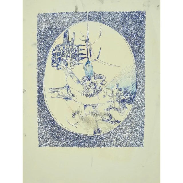 Composition is a beautiful blue pen and watercolor drawing on paper by the Italian artist Gino Guida. The state of...