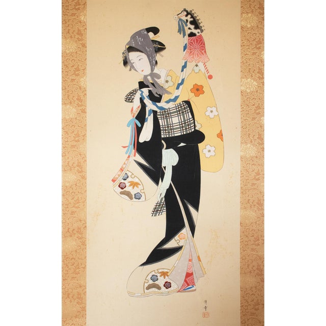 "Beauty With a Puppet" by Getsudo, Showa Era Japanese Silk Scroll Painting For Sale - Image 4 of 18