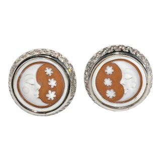 Sterling Silver Pierced Earrings Moon & Stars Carved Shell, A Pair For Sale