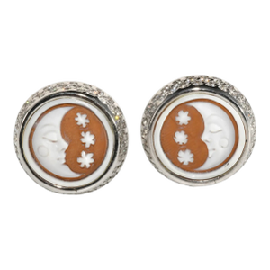 Sterling Silver Pierced Earrings Moon & Stars Carved Shell, A Pair