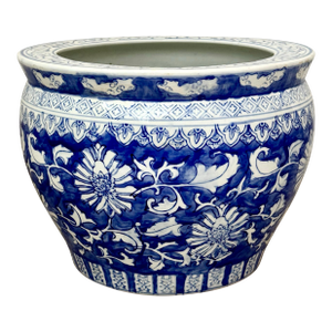 Large Traditional Chinoiserie Blue & White Ceramic Hand Painted Chinese Fish Bowl Jardiniere, Cache Pot, Garden Planter With Botanical Motif