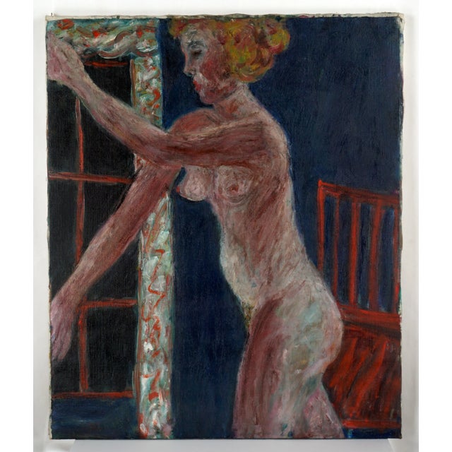 Wonderful mid century abstract figurative nude at night with red chair by Honora Berg (American, 1897-1985). A nocturnal...