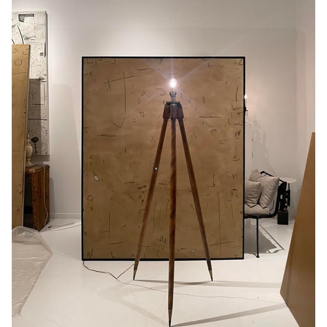 Shabby Chic Vintage Surveyor’s Tripod Floor Lamp in Oak With Brass Hardware, 61” H For Sale - Image 3 of 8