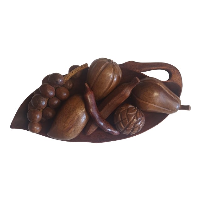 Mid-Century Modern Hand-Carved Monkey Pod Wood Fruit & Leaf Bowl Set - 8 Pieces For Sale