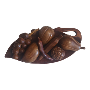 Mid-Century Modern Hand-Carved Monkey Pod Wood Fruit & Leaf Bowl Set - 8 Pieces