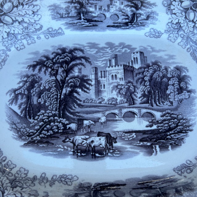 English Antique English Staffordshire Mulberry Transfer Decorated Platter “Haddon”, Circa 1840s For Sale - Image 3 of 12