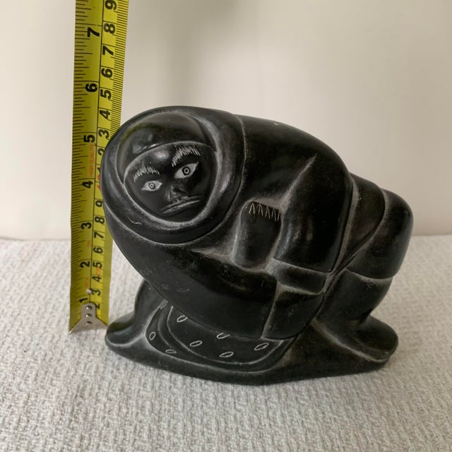 Inuit Soapstone Carving by Lucassie Amm – Signed - Kneeling Inuk Figure For Sale - Image 18 of 18