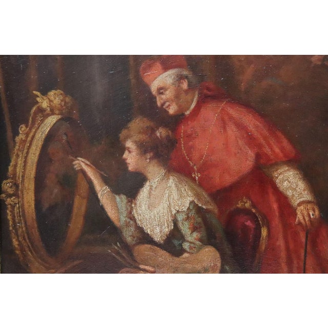 Italian School Artist, Young Woman Painter with Cardinal, Oil Painting on Cardboard, 19th Century, Framed For Sale - Image 11 of 17
