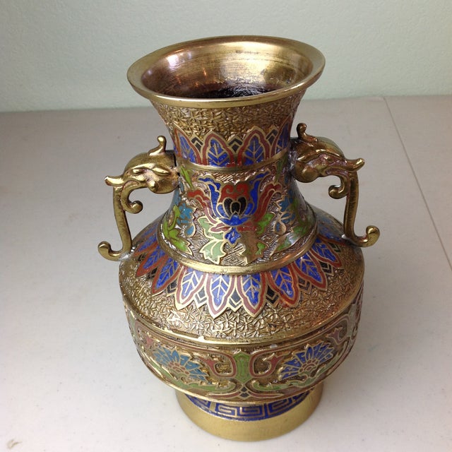 Vintage Japanese Dragon Handles Champleve Enamel Brass Vase Chairish