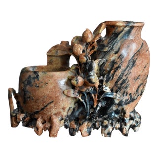 Antique Chinese Carved Soapstone Double Vase Floral Sculpture Pot Red Black For Sale
