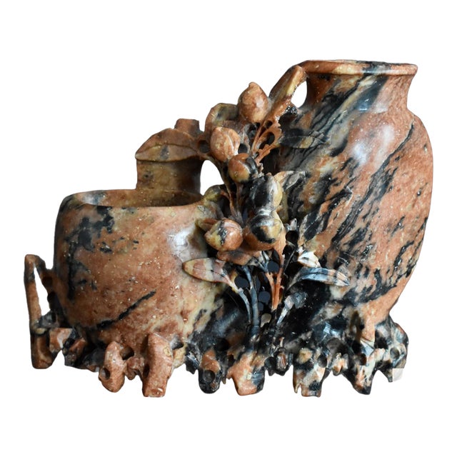 Antique Chinese Carved Soapstone Double Vase Floral Sculpture Pot Red Black For Sale
