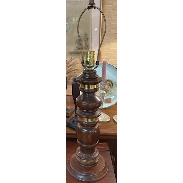 Mid Century Wood and Brass Lamp With Original Gold Parchment Shade For Sale - Image 4 of 7