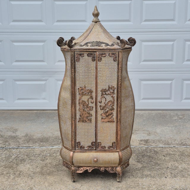 Chinoiserie Unusual 20th Century Chinoiserie Pagoda Top Bombe Form Cane 2-Door Storage Cabinet For Sale - Image 3 of 12