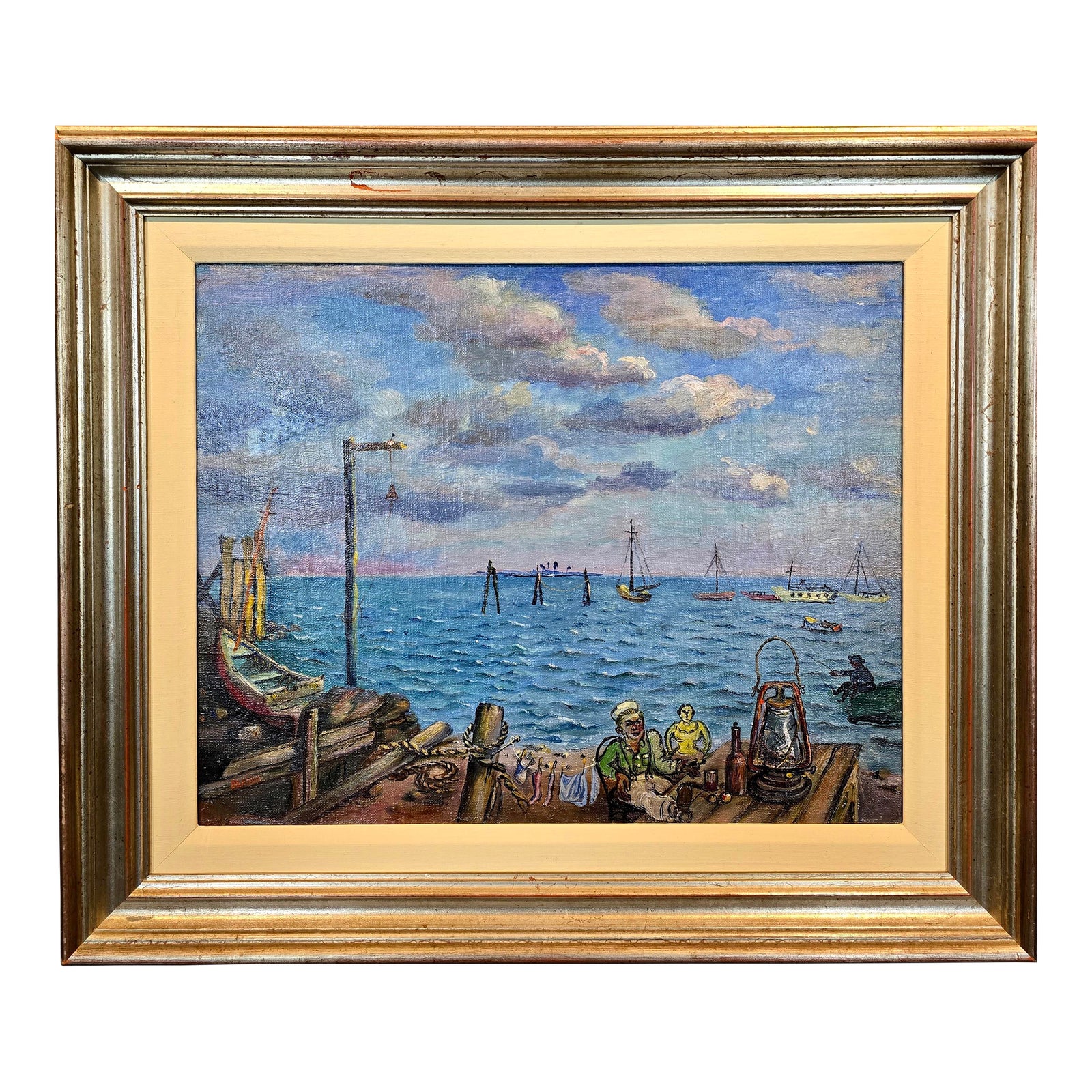 David Burliuk -1950s Fishermen Lifestyle on Sag Harbor -Oil