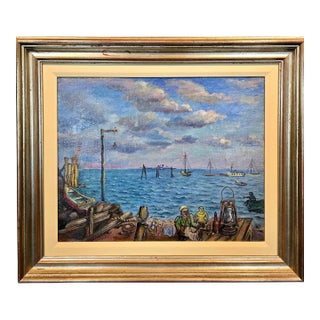 David Burliuk -1950s Fishermen Lifestyle on Sag Harbor -Oil Painting For Sale