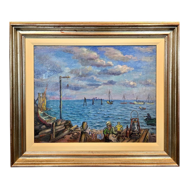 David Burliuk -1950s Fishermen Lifestyle on Sag Harbor -Oil Painting For Sale