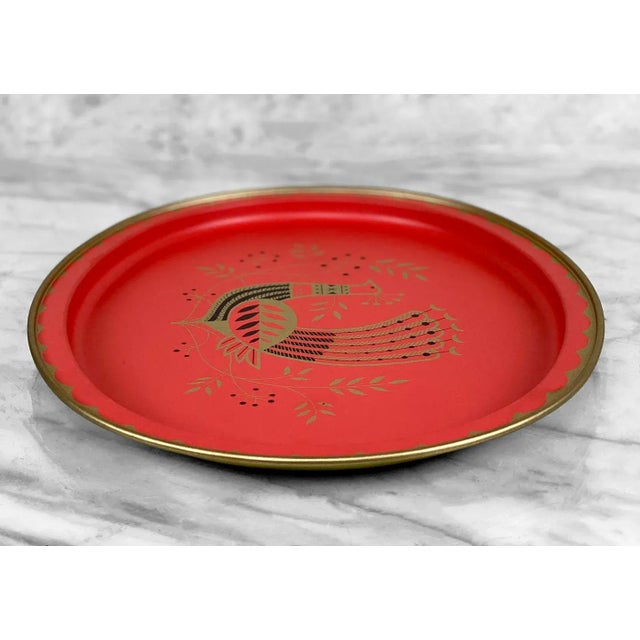 Mid-Century Modern Mid-Century Modern Peacock Motif Oval Red & Gold Serving Tray For Sale - Image 3 of 6