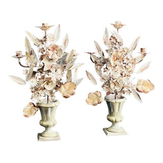 Anthropologie Altar Tole Flower Garland in Urn Candlesticks a Pair For Sale