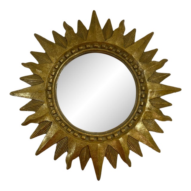Vintage 1960s French Style 16.5" Gilded Sunburst Wall Mirror For Sale