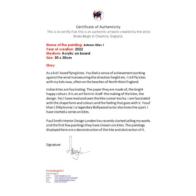 "Autumn Kites" Contemporary Original Geometric Abstract Painting by Shabs Beigh For Sale - Image 9 of 9