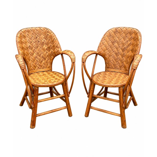 Wood Vintage Woven Rattan Garden Set of Round Table and Armchairs, 1950s, Set of 5 For Sale - Image 7 of 15