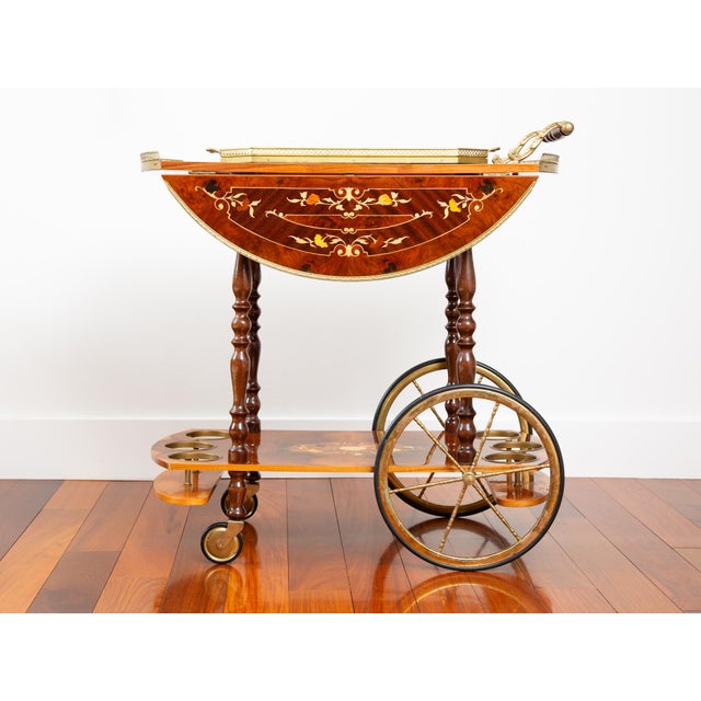 Wood Vintage Italian Marquetry Bar Cart With Serving Tray For Sale - Image 7 of 11