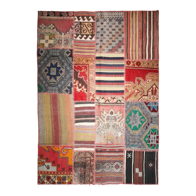 Vintage Turkish Anatolian Kilim Patchwork Rug – Modern Bohemian Design -5' 7'' X 8' 2'' For Sale