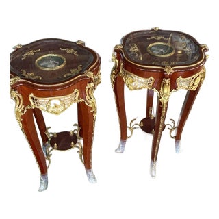 1960s Pair of French Louis XV End Tables | Mahogany & Gilt Bronze Side Tables For Sale
