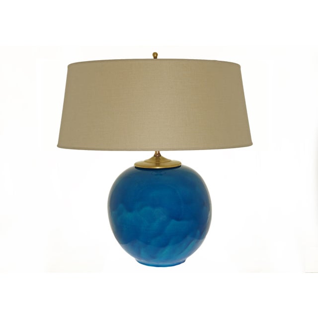Art Deco Early 20th Century French Art Deco Primavera Atelier Turquoise Color Faience Modern Table Lamp For Sale - Image 3 of 9