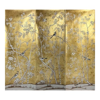 Set of 3 Hand Painted Gold Leaf Chinoiserie Wallpaper Panels, Monochrome Bird & Bamboo Floral Mural, Custom Size Available For Sale