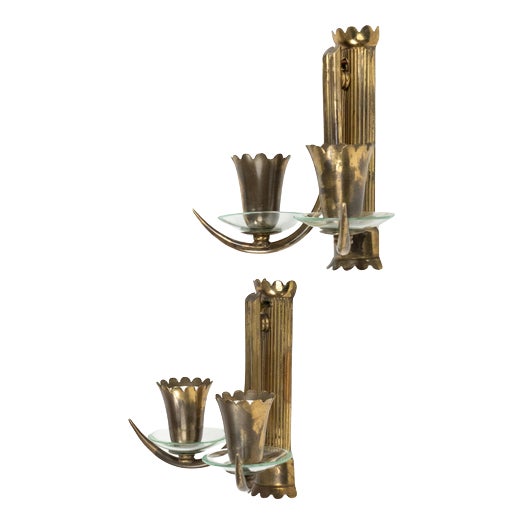 Mid-Century Sconces in Brass and Glass in the style of Gio Ponti, Italy, 1950s For Sale