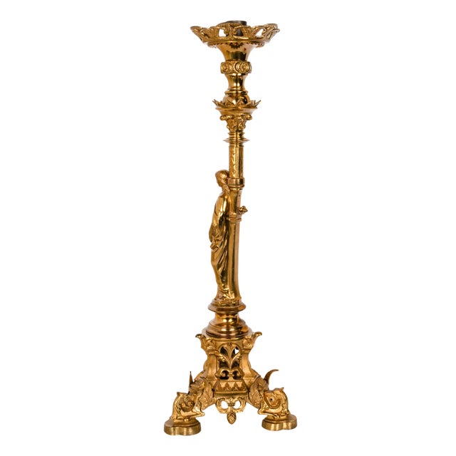 Large Antique French Gilt Bronze Gothic Altar Jesus Statue Griffin Candlestick For Sale - Image 4 of 10
