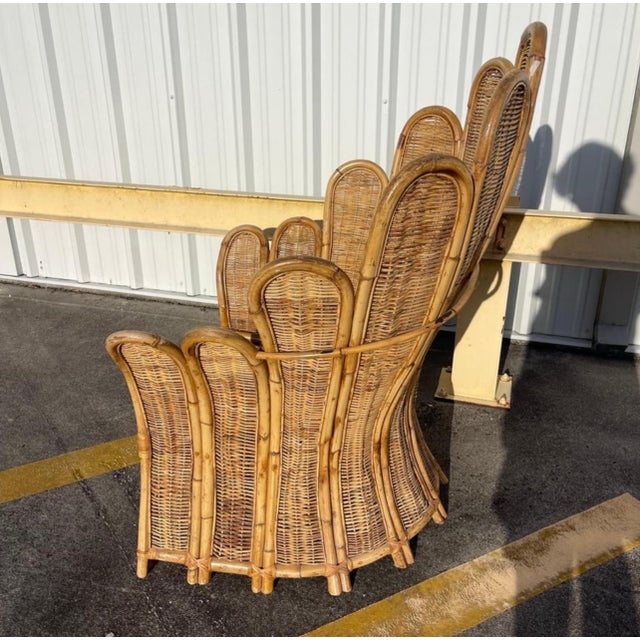 1970s Rattan Woven Wicker Peacock Fan Back Lounge Chair For Sale - Image 11 of 12