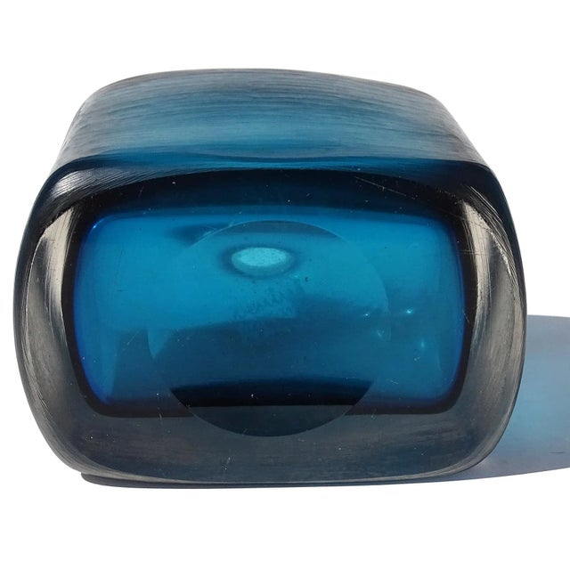 Vintage Murano Paolo Venini Signed Sommerso Navy Blue Inciso Technique Italian Art Glass Flower Vase For Sale In Orlando - Image 6 of 7