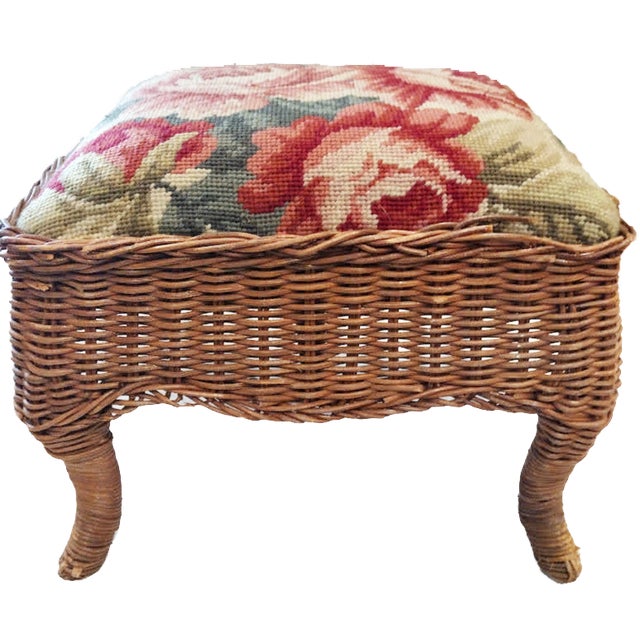 Farmhouse Wicker & Rose Needlepoint Footstool For Sale - Image 3 of 7