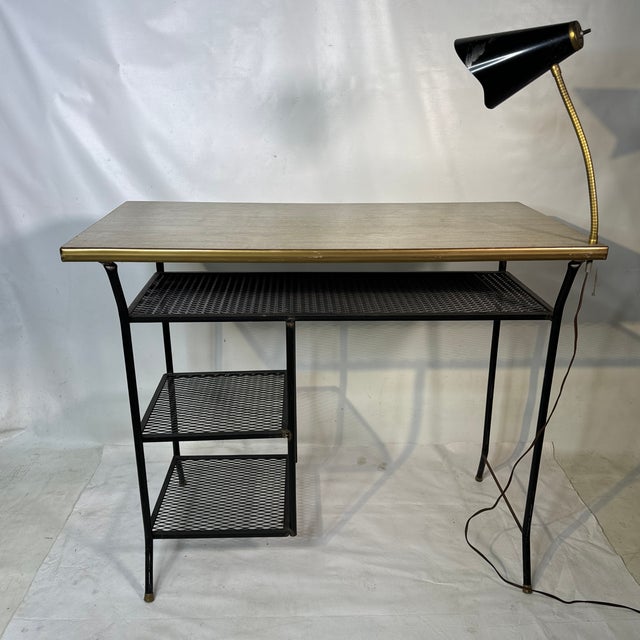 Ebony Mid Century Formica Top Iron Mesh Student Desk Built in Lamp With Matching Chair For Sale - Image 8 of 12