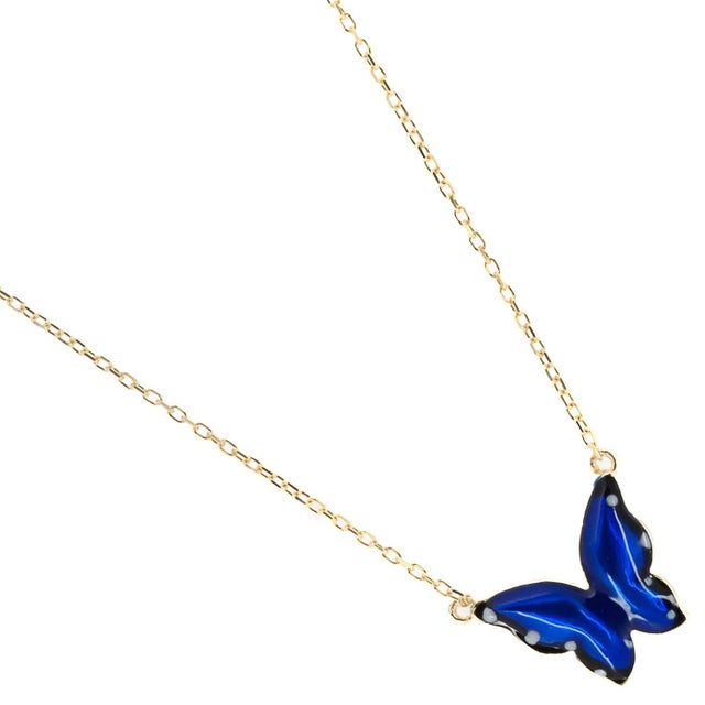 Metal Gold Spiritual Blue Enamel Butterfly Necklace For Sale - Image 7 of 8