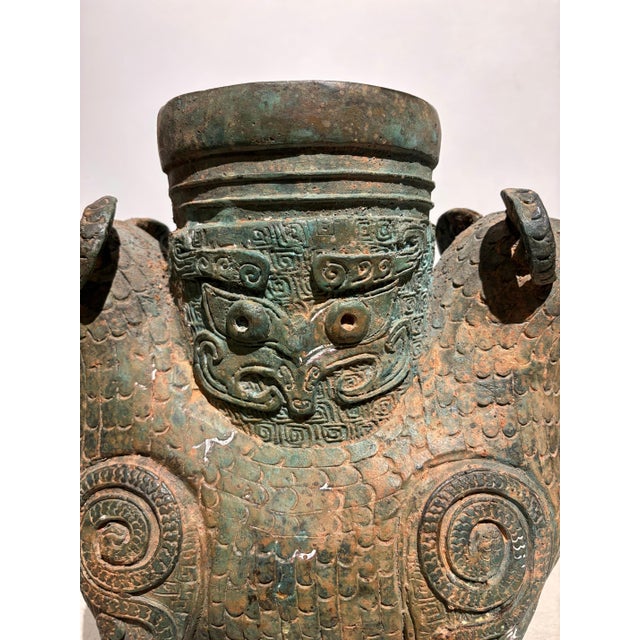 Archaistic Shang Style Verdigris Bronze 'Double-Ram' Vessel, Zun Circa 1900 For Sale - Image 10 of 12