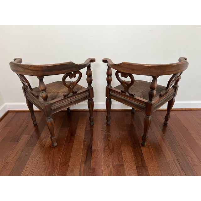 Mid 20th Century Pair of Rustic Colonial Style Carved Oak Corner Chairs For Sale - Image 9 of 11