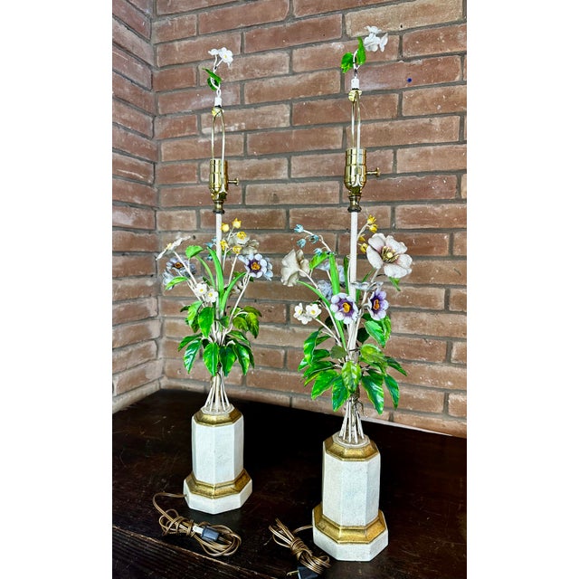 Metal Pair of 1960s Italian Tole Floral Boutique Lamps For Sale - Image 7 of 12