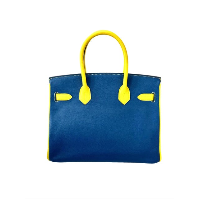 Hermès Hermes 30cm Birkin Hss Electric Blue Yellow Soufre and Etoupe Bicolor Mysore Leather For Sale - Image 4 of 9