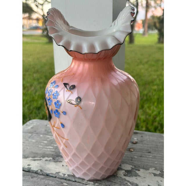 Victorian Late 19th Century Bohemian Victorian Harrach Pink/White Cased Glass Quilted Diamond Pattern Hand-Painted Floral/Butterfly Motifs Bulbous Fan Vase For Sale - Image 3 of 8